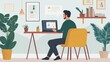 © Elkhan Babayev - Man uses laptop computer to video chat with coworker. Virtual meetings, freelance work, e-learning, online communication, and telecommuting are all depicted.