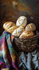 Artistic representation of bread basket filled with various breads