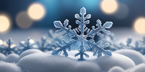 Close up of snowflake on snowy surface against blue background, Beautiful decorative snowflakes in the snow, Snow flakes are scattered on a snowy surface on the blue snowy background