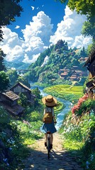 Wall Mural - Girl on bike looking at mountain village scenery, anime art style