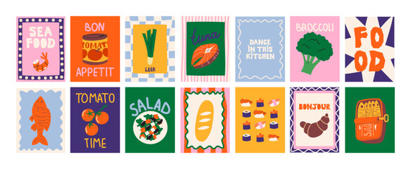 Abstract food posters for the kitchen. Culinary compositions in cartoon trendy style of Matisse. Decor for kitchens, cafes and restaurants. Minimalist banners for wall decor, prints, wallpaper.