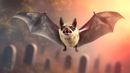 Scary Halloween Bat Flying Over Graveyard - 3D Render