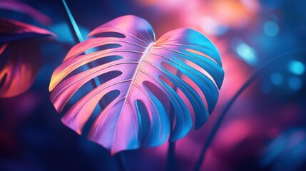 Wall Mural - A Single Monstera Leaf Illuminated by Neon Lights