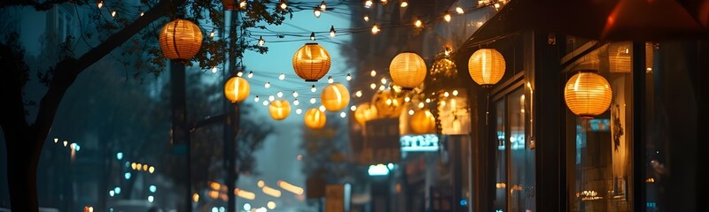 Wall Mural - An inviting stock photo of a cozy café with outdoor seating, glowing warmly under string lights and lanterns.