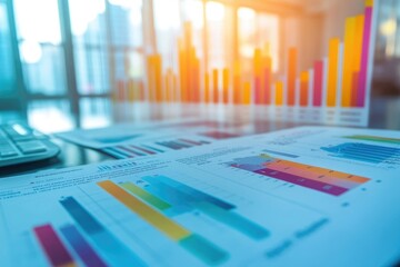 Close-up view of a vibrant financial business concept featuring colorful bar graphs and intricate data charts on a sleek office desk