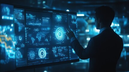 man in suit interacting with futuristic interface on large screen