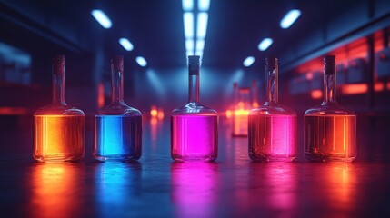 Wall Mural - Five Glass Bottles Filled with Neon-Colored Liquids in a Dark Setting