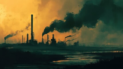 Canvas Print - A Silhouetted Industrial Plant Against a Smoky Sunset