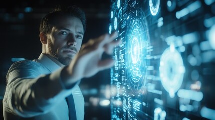 Man Interacting with Holographic Interface in Dark Room