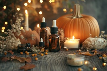 Wall Mural - Cozy autumn display with pumpkins, scented candles, and essential oil bottles on a wooden table