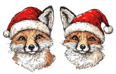 Ink sketch of a fox set dressed for Christmas. Wild animal background with a fox silhouette. Modern black and white illustration.