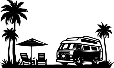 Wall Mural - Camper van in the beach landscape background 