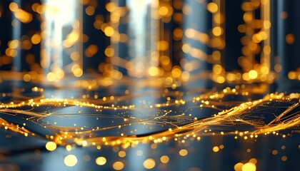 Elegant futuristic business blueprint in a gold-hued setting with bokeh effects, showcasing beauty and isolation