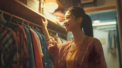 An Asian woman happily organizes clothes in a neatly arranged closet, showcasing a calm and tidy home environment