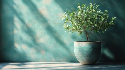 Wall Mural - Green Plant in a Pot on a Teal Wall with Sunlight