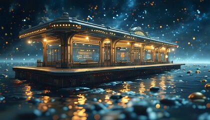 Wall Mural - Elegant interstellar railway station floating in the cosmos surrounded by beautiful bokeh lights