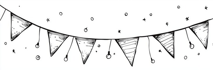 continual line art drawing buntings garland. party hand drawn flags. modern linear illustration isol