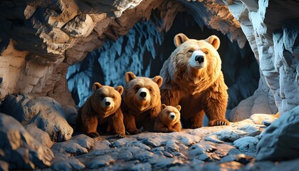 Wall Mural - Cinematic 3D Artwork of a Bear Family Cozying Up Inside a Cave