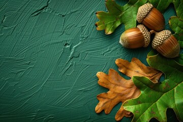 acorns, oak leaves, autumn composition on green textured background, nature elements of fall, warm colors, seasonal decoration, natural textures perfect for seasonal themes, eco friendly imagery