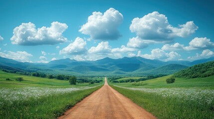 Poster - Winding Dirt Road Through Green Fields and Mountains