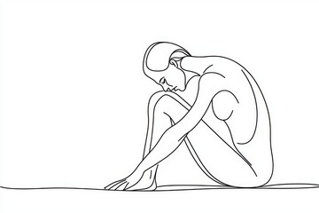 Wall Mural - Businessman sitting on floor with his head bowed in depression. Frustrated employee mental health problems. Isolated line drawing design graphic modern illustration.