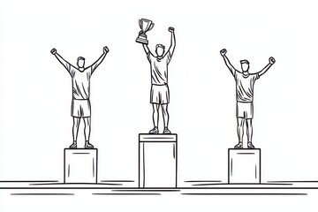 Disabled woman winning the contest while holding gold trophy at podium. Disabled people competition, championship. One line graphic design illustration.