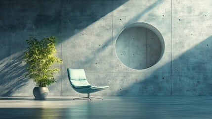 Canvas Print - Minimalist Interior with a Green Plant and Blue Chair Against a Concrete Wall