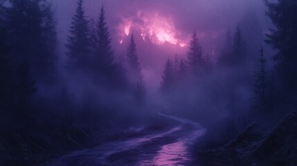 Poster - A Misty Forest Path with Purple Sky and Silhouetted Trees