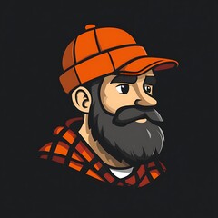 Wall Mural - Cartoon illustration of a bearded man with a cap on black background.