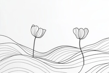 Wall Mural - In continuous line art drawing style, poppies bloom among grass. Minimalist black linear design isolated on white.