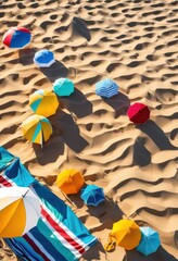 vibrant beach accessories displayed sunny coastal landscape featuring colorful beach balls clear blue sky, towels, umbrellas, sand, ocean, waves, horizon