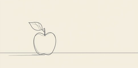 Black and white minimalist linear illustration of an apple with leaf made up of continuous lines