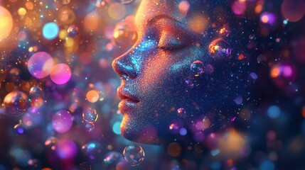 Wall Mural - Woman's Face Covered in Glitter with Colorful Bokeh Background