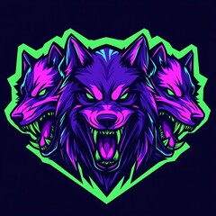 Canvas Print - Three headed neon wolf mascot for gaming team or esports logo