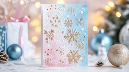 Wall Mural - Handmade Christmas Card with Glitter Snowflakes and Ornaments