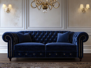 luxurious traditional tuxedo sofa in a classic living room setting. The sofa is upholstered in rich navy blue velvet, with polished mahogany legs and brass nailhead trim