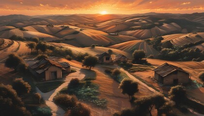 Wall Mural - Serene sepia-toned sunset over a rural village, showcasing screen-free life through unique hyper-realistic illustrations