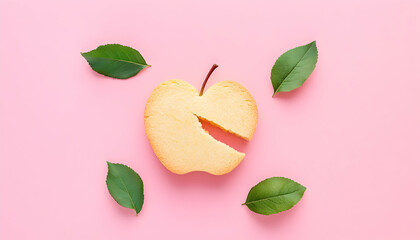 Half-eaten biscuit in the shape of apple with green leaves on pastel pink backdrop. Flat lay, top view. Minimal concept of consumption natural sweet food, wellness, temptation, sin.   