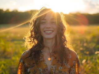 Young happy smiling woman standing in a field with sun