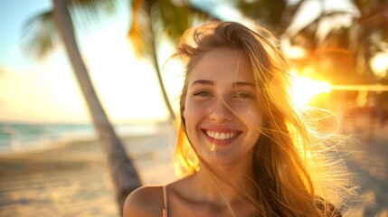 Wall Mural - young woman smiling on a tropical beach at sunset