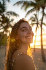 Wall Mural - young woman smiling on a tropical beach at sunset