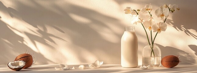 Poster - Quiet morning light illuminating a simple arrangement of milk, coconut, and flowers on a table