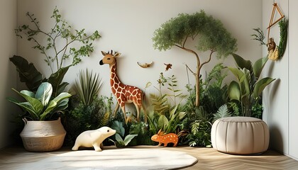 Wall Mural - Nature-inspired childrens room design featuring plants, animals, and natural materials in a super realistic style