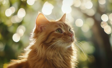 A golden cat gazes thoughtfully in a sunlit garden surrounded by twinkling lights