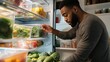 © fotofabrika - Man organizing fresh vegetables and fruits in a refrigerator at home during a weekend meal prep session for healthy eating
