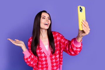 Sticker - Photo of cheerful excited lady dressed pink cardigan tacking selfie modern device isolated violet color background