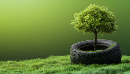 A tire wheel against a green background, featuring a tree growing inside. design symbolizes recycling old tires and the production of environmentally friendly new ones,