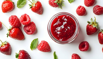 Wall Mural - Top view of strawberries and raspberries and glass jar filled with red fruit jam on white background, showcasing the ingredients. Minimal flat lay, summer pattern, preserving food.   