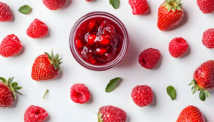 Wall Mural - Top view of strawberries and raspberries and glass jar filled with red fruit jam on white background, showcasing the ingredients. Minimal flat lay, summer pattern, preserving food.   