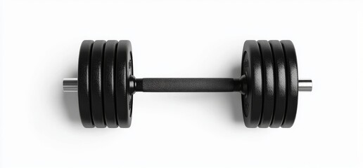 A realistic 3D modern illustration of a black dumbbell, used for design purposes in sports, gyms, and workout-related industries, isolated on a transparent background.